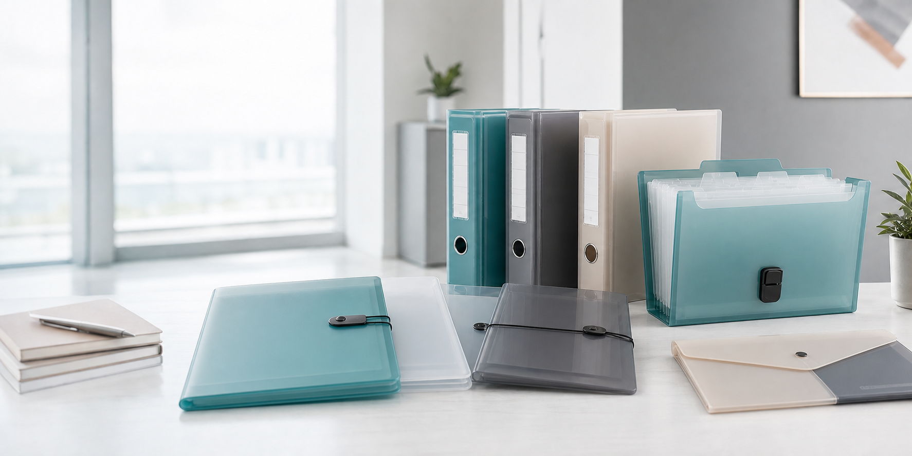Office stationery products on a modern desk
